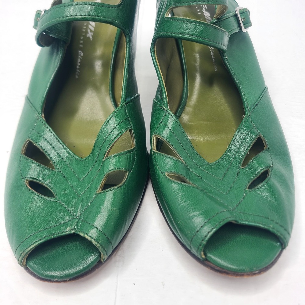 Re Mix Retro Style Shoes Green Leather Heels Peep Toe Pin Up Girl Rockabilly - Picture 5 of 9